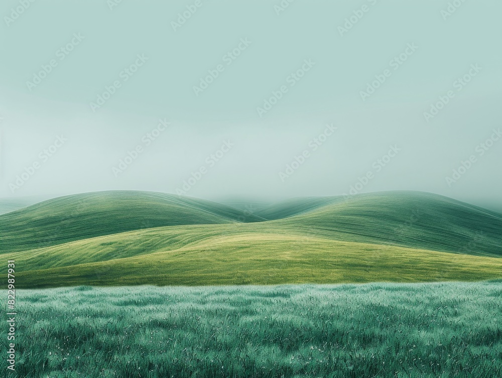 Obraz premium Rolling hills under cloudy sky, with a light green backdrop and space for text below