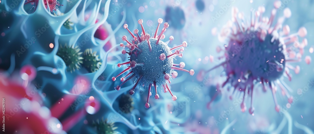 High-resolution 3D rendering of a virus. Close-up of virus particles in a biological environment, emphasizing details and cellular structure. High-resolution 3D rendering of a virus. Close-up of virus particles in a biological environment, emphasizing details and cellular structure.