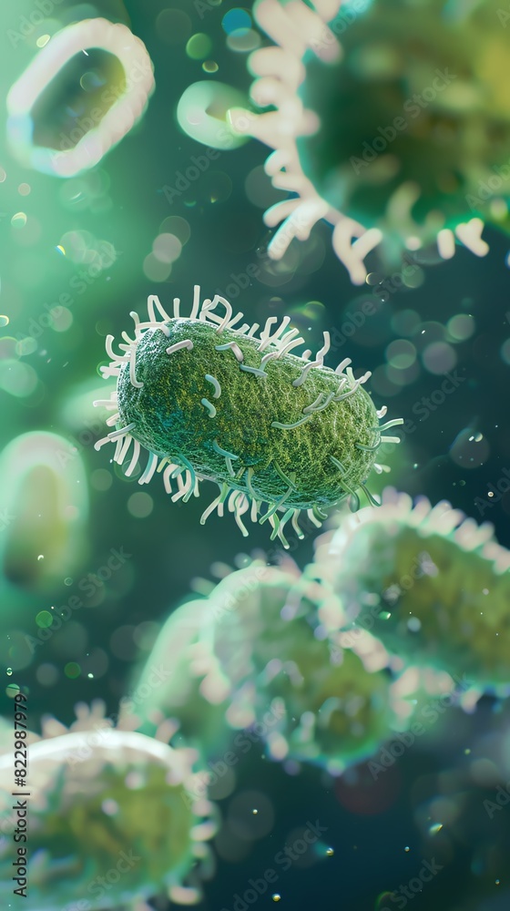 Microscopic view of bacteria cells in a teal and green background, displaying the intricate details and structures of the microorganism. Microscopic view of bacteria cells in a teal and green background, displaying the intricate details and structures of the microorganism.