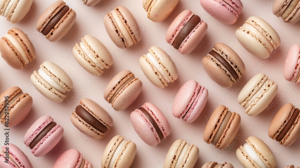 Pink, beige and brown macaroons laid flat on a pink background Pink, beige and brown macaroons laid flat on a pink background