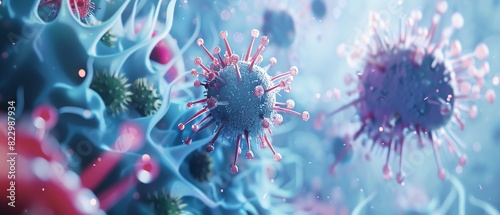 High-resolution 3D rendering of a virus. Close-up of virus particles in a biological environment, emphasizing details and cellular structure.