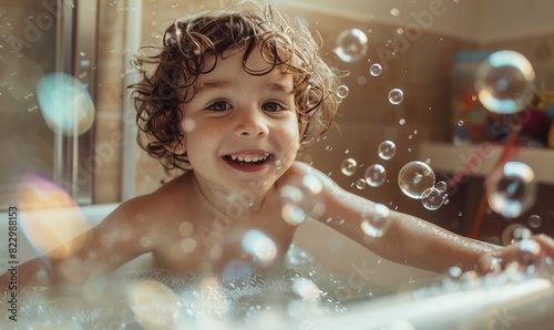 Child Having Fun with Soap Bubbles in Bathtub
