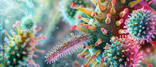 Close-up image of multicolored viruses or bacteria under a microscope with vibrant colors and intricate details. Microbiology and pathology concept. photo