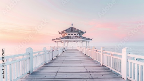 White buildings and pink sky on a beautiful background of endless sea horizon