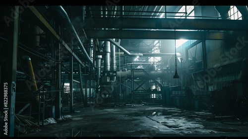 A dark and dirty industrial building with pipes and catwalks.