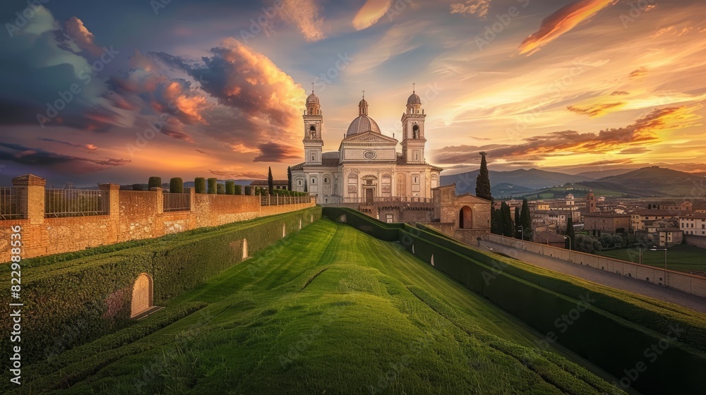 Italian cathedral and ancient castle buildings with stunning views and green grass