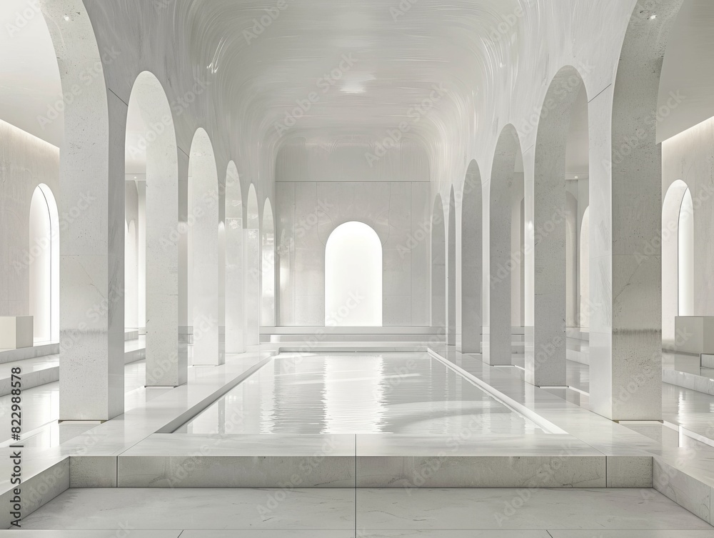 liminal space, white marble, arches, pool