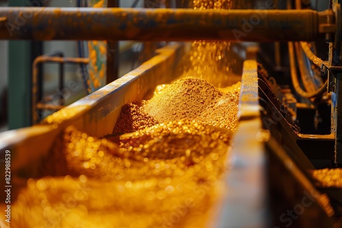 Gold powder being processed in factory. Side view. Highlights refinement. Digital tone. Split-complementary color scheme