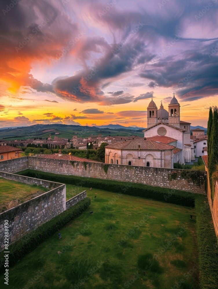 Naklejka premium Italian cathedral and ancient castle buildings with stunning views and green grass
