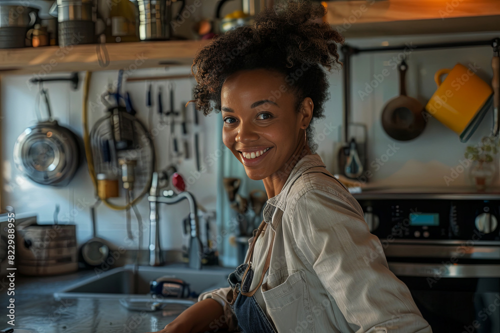 Portrait of a beautiful smiling woman in the kitchen of her home, looking at the camera Portrait of a beautiful smiling woman in the kitchen of her home, looking at the camera