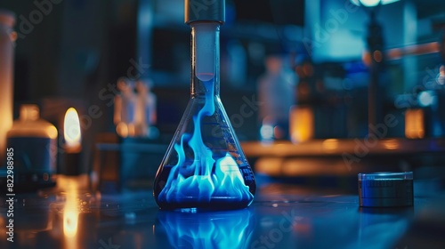 Blue fire inside a glass flask in a lab setting photo