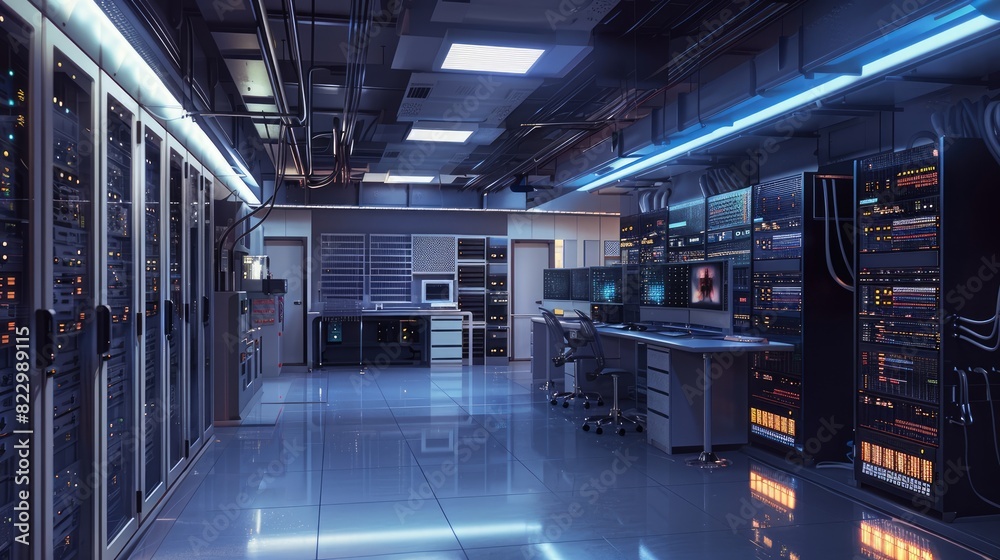 Modern data center with server racks, advanced equipment, and blue lighting, showcasing sophisticated technology infrastructure.