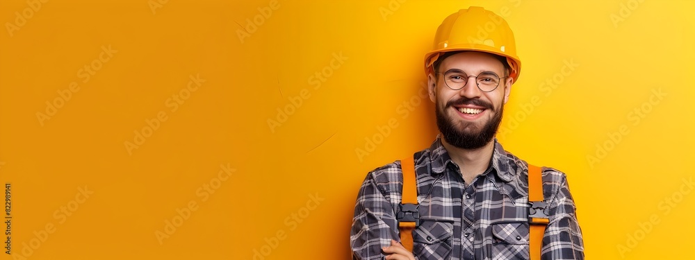 Confident Construction Worker in Hardhat Posing on Vibrant Background Confident Construction Worker in Hardhat Posing on Vibrant Background