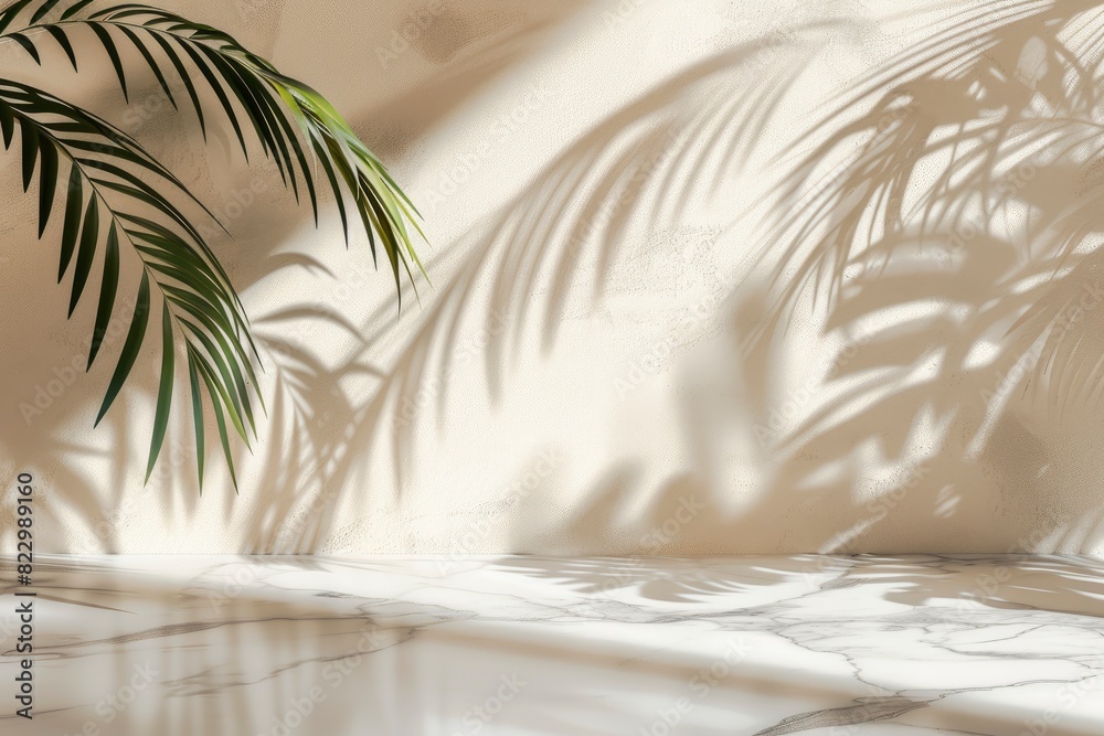 White Marble Table with Palm Leaves Shadow on Beige Wall Texture Background, Suitable for Product Presentation Backdrop, Display, and Mock up - generative ai White Marble Table with Palm Leaves Shadow on Beige Wall Texture Background, Suitable for Product Presentation Backdrop, Display, and Mock up - generative ai