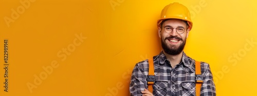 Confident Construction Worker in Hardhat Posing on Vibrant Background © Thipphaphone