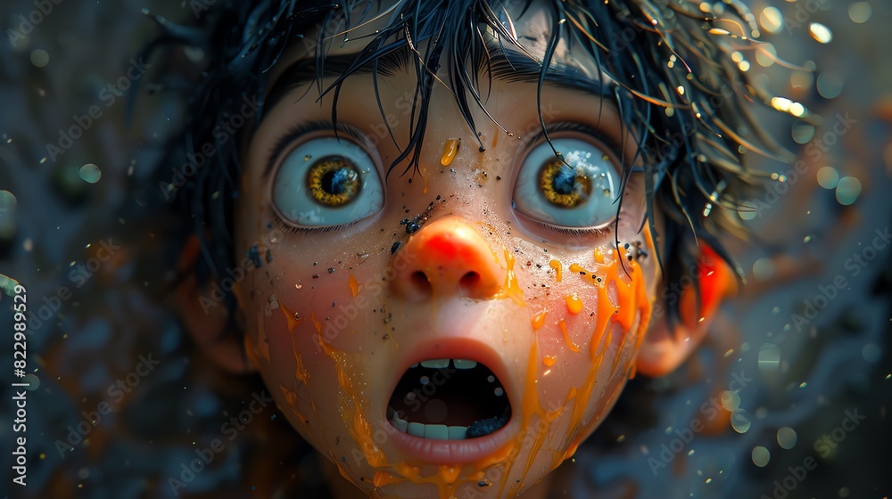 A cartoonish child with a face covered in paint and a look of shock