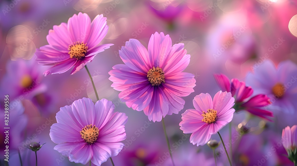 A close-up shot of pink and purple cosmos flowers in full bloom, with their delicate petals and feathery foliage. List of Art Media Photograph inspired by Spring magazine A close-up shot of pink and purple cosmos flowers in full bloom, with their delicate petals and feathery foliage. List of Art Media Photograph inspired by Spring magazine