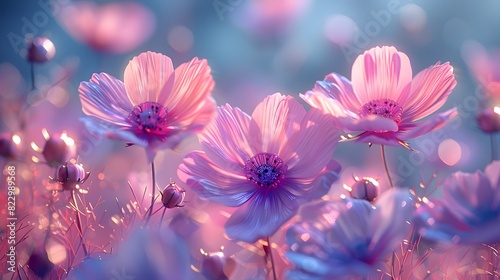 A close-up shot of pink and purple cosmos flowers in full bloom, with their delicate petals and feathery foliage. List of Art Media Photograph inspired by Spring magazine © sakareeya