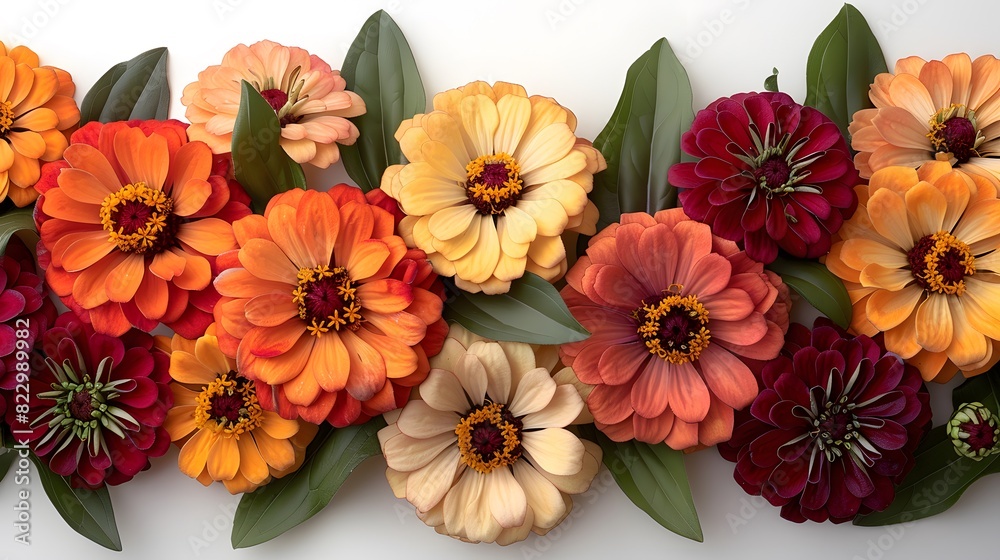 Close-up of vibrant red and yellow zinnias, with detailed petals and lush green leaves, symbolizing the colorful and lively nature of summer. List of Art Media Photograph inspired by Spring magazine