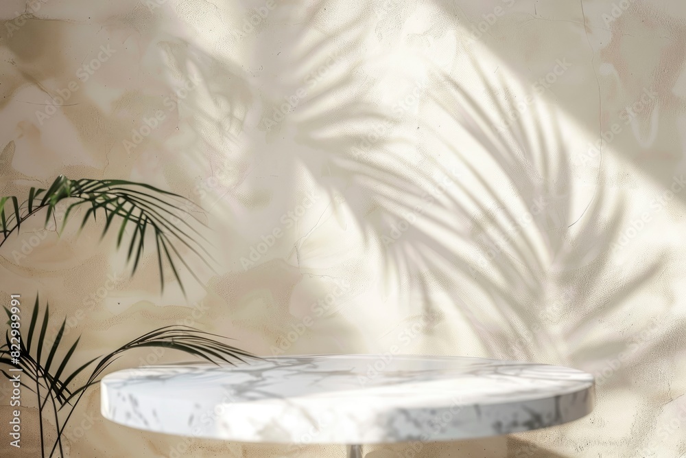 White Marble Table with Palm Leaves Shadow on Beige Wall Texture Background, Suitable for Product Presentation Backdrop, Display, and Mock up - generative ai White Marble Table with Palm Leaves Shadow on Beige Wall Texture Background, Suitable for Product Presentation Backdrop, Display, and Mock up - generative ai
