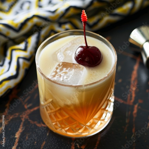 A sophisticated whiskey sour garnished with a Luxardo cherry , super realistic photo