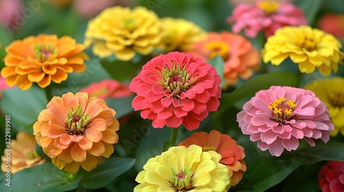 Close-up of vibrant red and yellow zinnias, with detailed petals and lush green leaves, symbolizing the colorful and lively nature of summer. List of Art Media Photograph inspired by Spring magazine