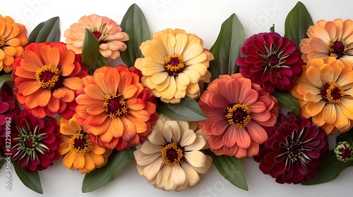 Close-up of vibrant red and yellow zinnias, with detailed petals and lush green leaves, symbolizing the colorful and lively nature of summer. List of Art Media Photograph inspired by Spring magazine