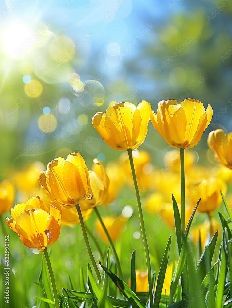Obraz premium A bright yellow background highlights a sunny field of tulips with ample copy space available