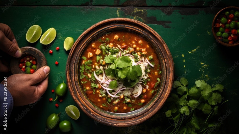 Traditional mexican pozole served on green plate, top view on rustic wooden table Traditional mexican pozole served on green plate, top view on rustic wooden table