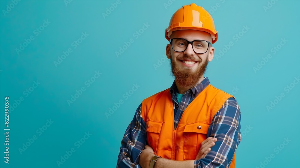 Confident Hardhat Wearing Engineer Smiling on Vibrant Studio Background Confident Hardhat Wearing Engineer Smiling on Vibrant Studio Background