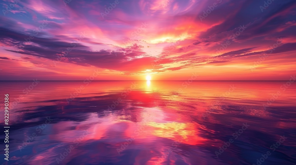 Sunset over serene lake, orange and purple sky, ample space above for text Sunset over serene lake, orange and purple sky, ample space above for text