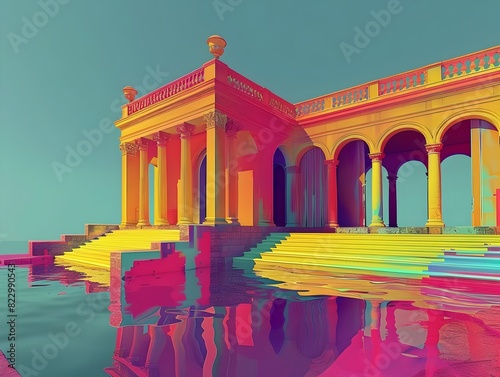 Vibrant Surreal Architectural Palace Reflected in Pool photo