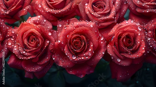A close-up of vibrant red roses in full bloom, with dewdrops on the petals, creating a romantic and refreshing wallpaper. List of Art Media Photograph inspired by Spring magazine
