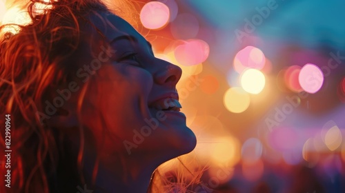 A woman is performing on stage under the orange lens flare  in the heat of an exciting concert event. The darkness is lit up by her music  creating a fun and entertaining night for all in attendance