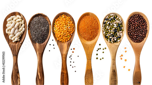 Mix legumes and cereals in wooden spoon, (beans, peas, lentils, barley, spelt) isolated on a transparent background