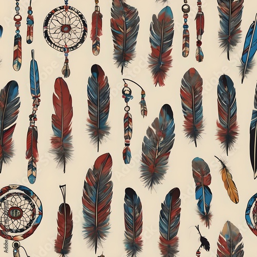 Native American cultural objects: feathers, headdresses, dream catchers photo