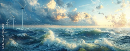 Offshore wind turbines, ocean waves, renewable energy, vibrant colors, photorealistic, hightech design photo