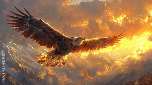 Majestic eagle soaring through fiery sky, wings spread wide. Symbol of strength, freedom, and power.
