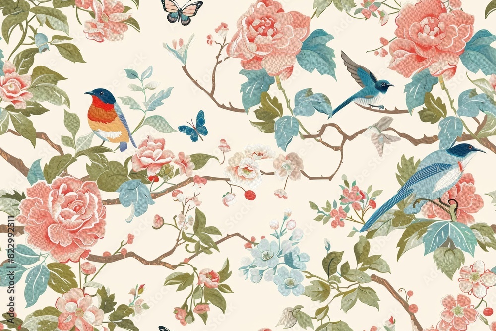 Seamless Pattern with Floral Arrangements, Birds, and Butterflies
