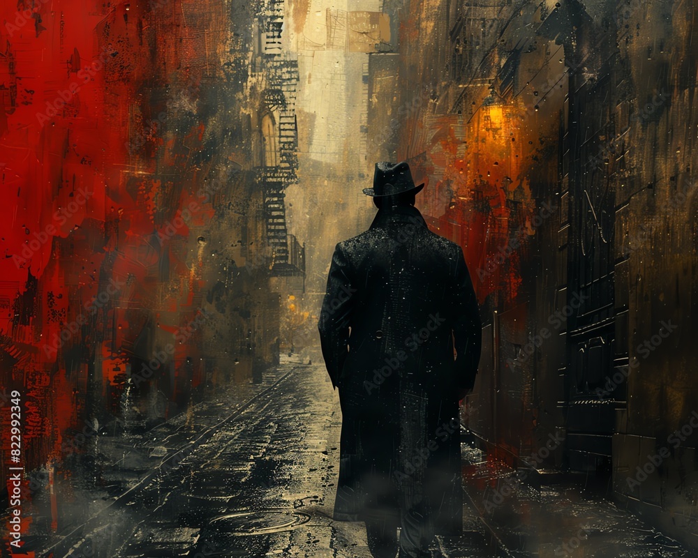 Mysterious figure in a dark alleyway, with a red wall in the background.