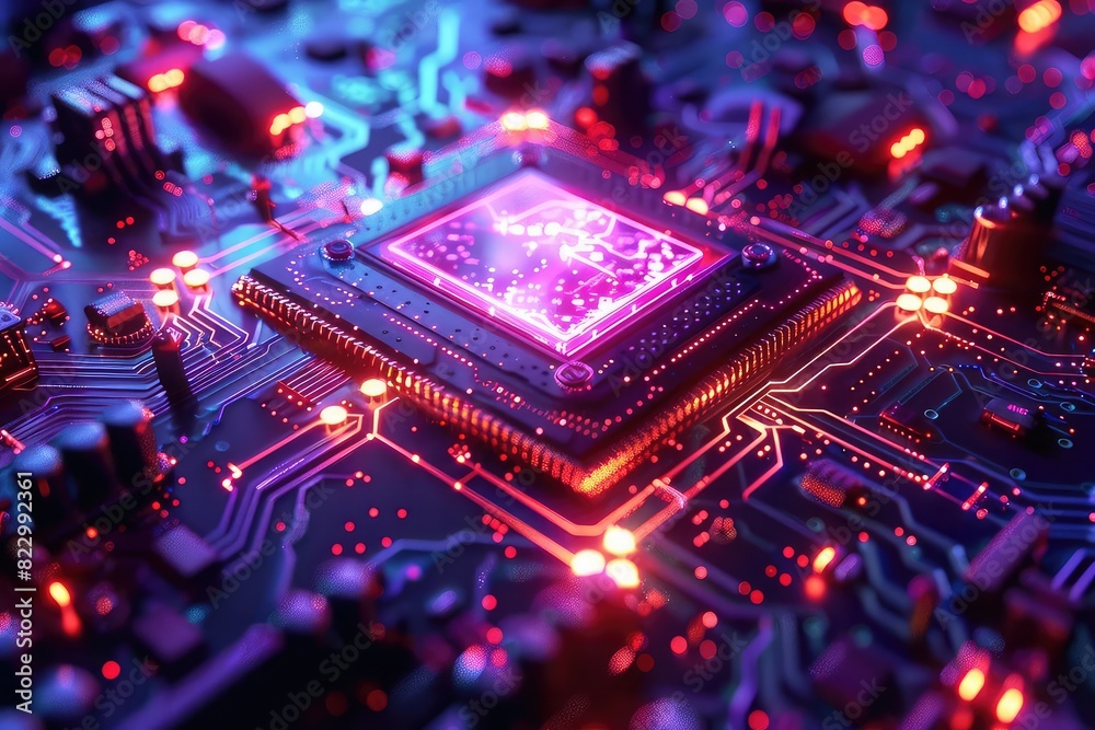 Quantum computer core, glowing qubits, futuristic design, neon blue and purple, hightech lab, vibrant colors, high resolution
