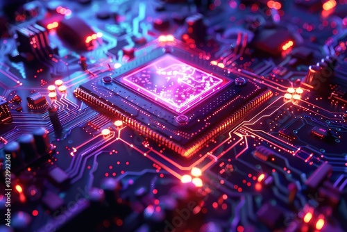 Quantum computer core, glowing qubits, futuristic design, neon blue and purple, hightech lab, vibrant colors, high resolution