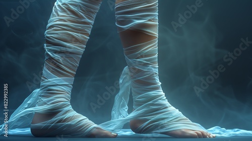 Mystical female legs wrapped in white fabric with blue smoke behind. photo