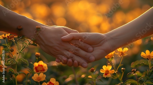 Two hands clasped together in a field of yellow wildflowers at sunset.