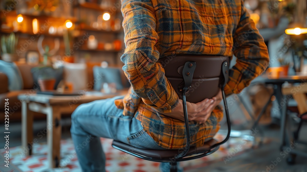 Man sitting on a chair with his hands on his back, experiencing back pain. Man sitting on a chair with his hands on his back, experiencing back pain.