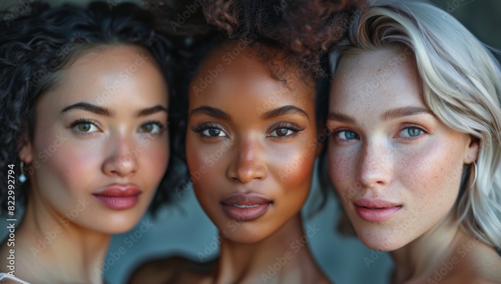 Close-up portrait of three beautiful diverse women looking at camera