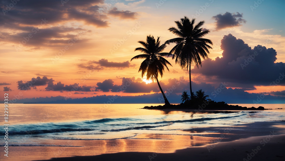  a beach with palm trees at sunset.