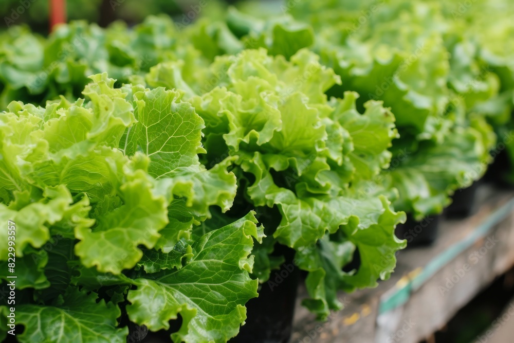 Fresh lettuce plants neatly organized in rows within an agricultural setting Fresh lettuce plants neatly organized in rows within an agricultural setting