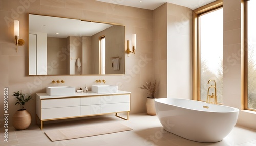 Luxurious bathroom with a modern bathtub framed blank poster  and rustic decorations on a textured background  imbued with natural light. 3D render