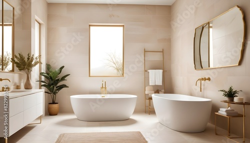 Luxurious bathroom with a modern bathtub framed blank poster  and rustic decorations on a textured background  imbued with natural light. 3D render